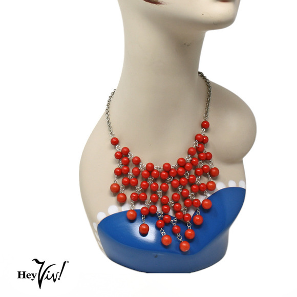 Vintage Free Flowing Boho Red Bead Bib Necklace 4.5" Wide 23" Long - Hey Viv - Picture 2 of 8
